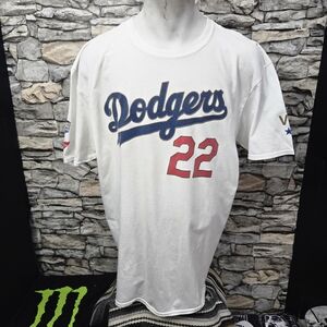 Gildan White Dodgers Tee with Red and Blue Graphics